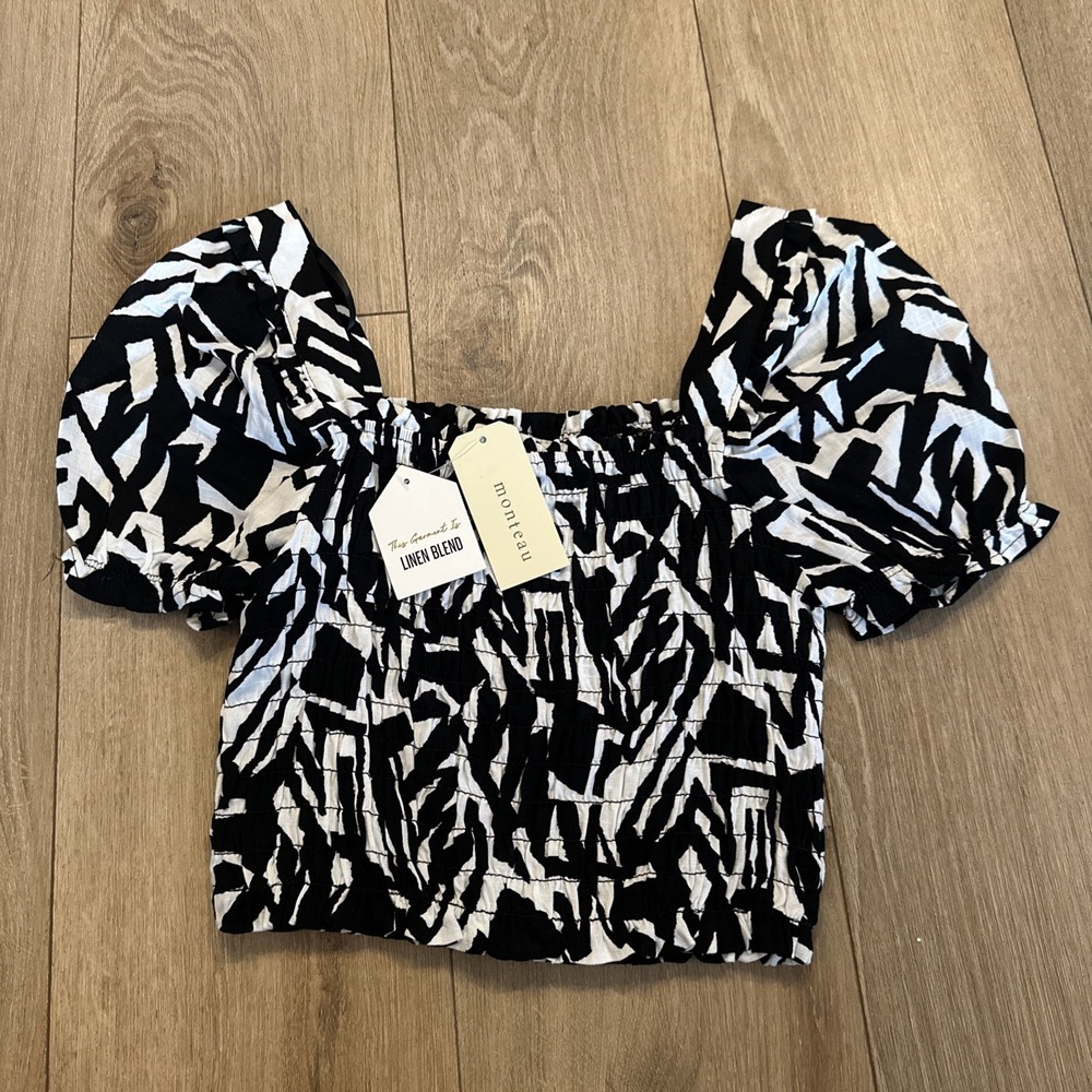 Monteau Abstract Print Linen Blend Halter‎ Top Puffy Sleeves Small Stretch NEW